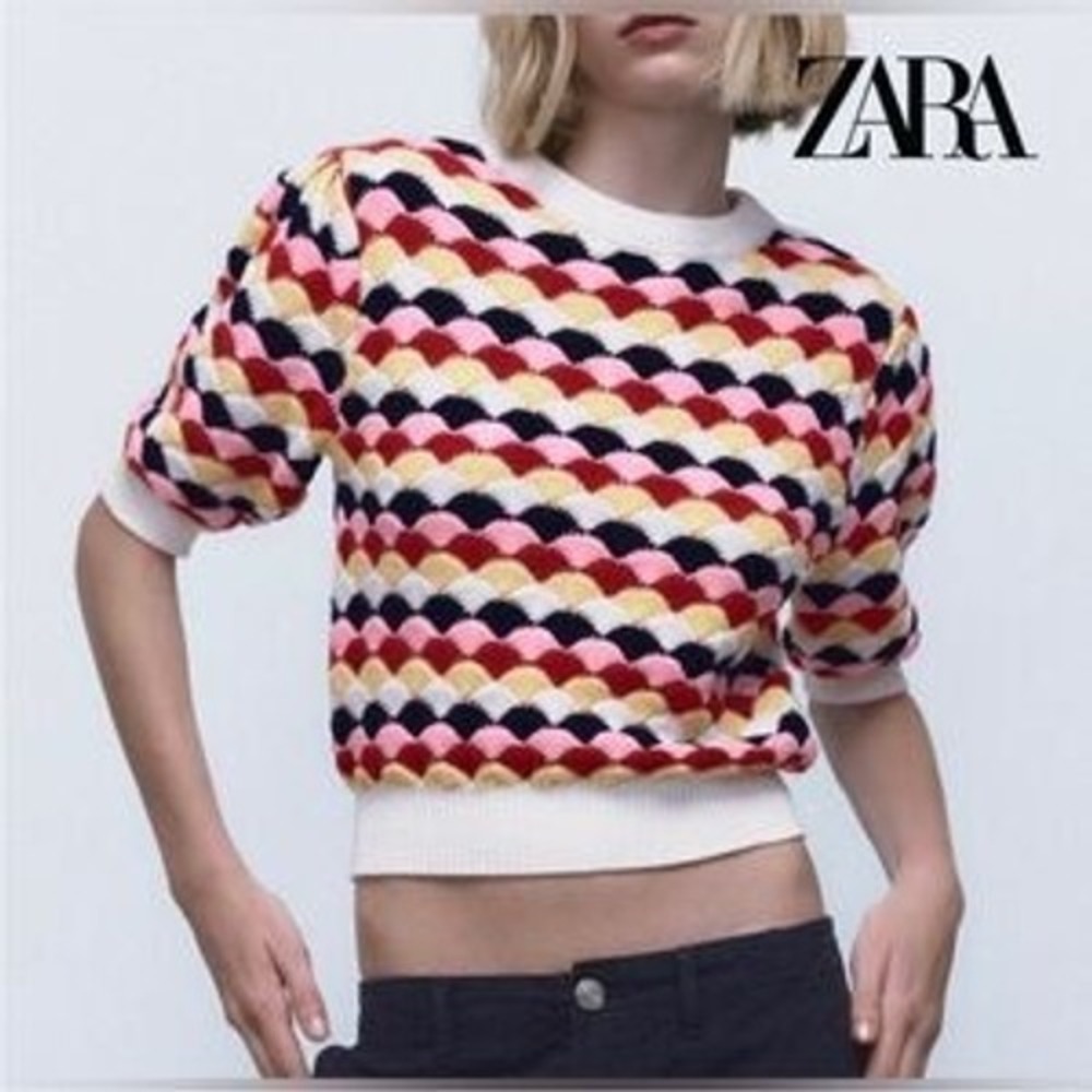 Zara Sweater Scalloped Knit Short Sleeve M Multicolor Retro Textured Cropped